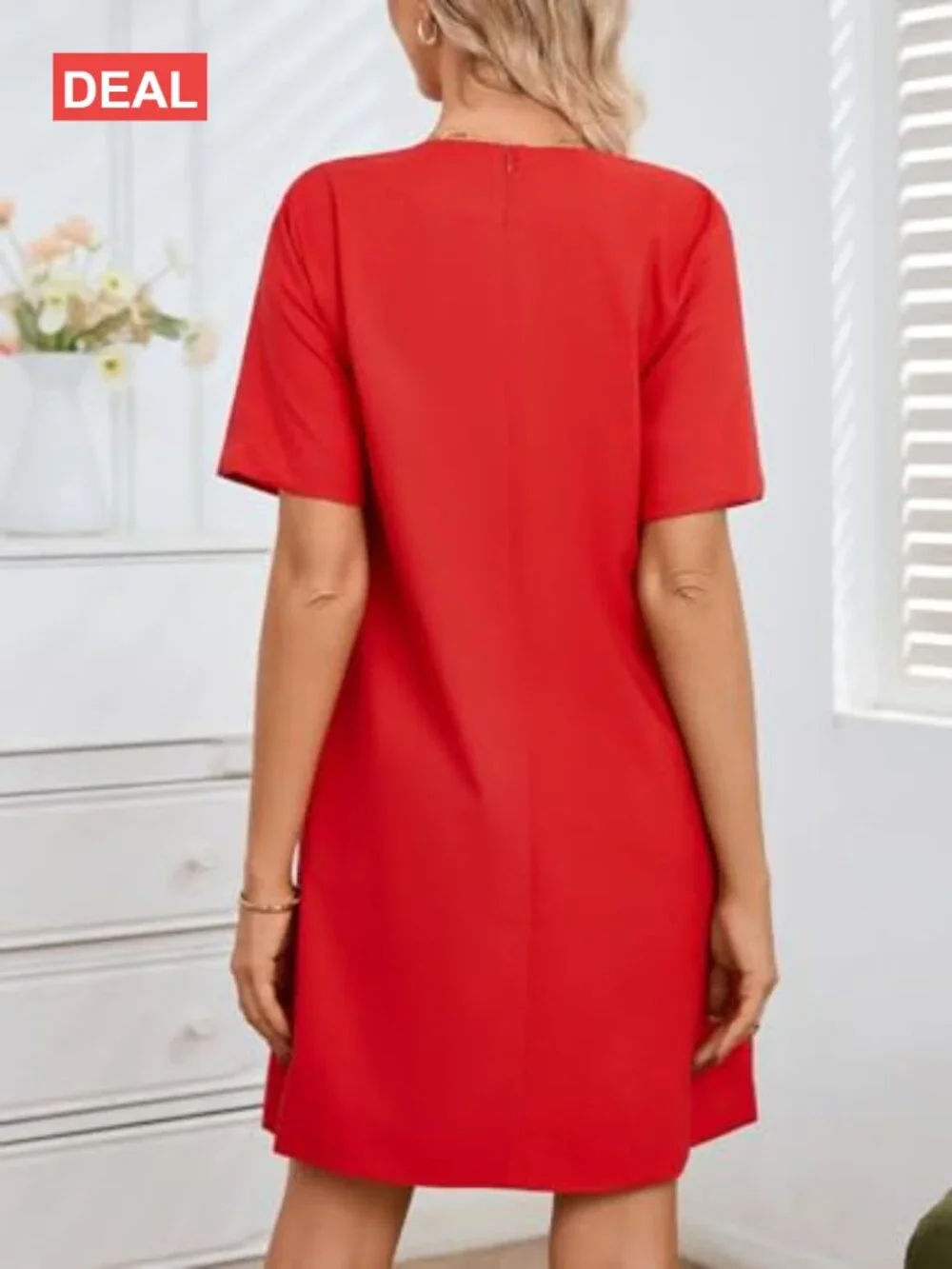 Color Block Shift Dress Cotton Linen Short Sleeve Embroidered Mini Dress with - Picture 3 of 6